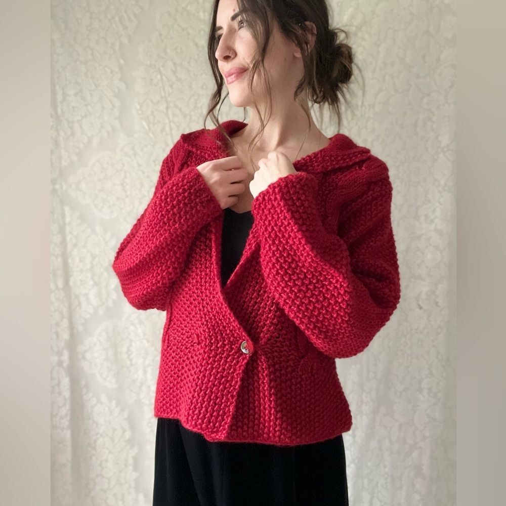 Vintage Red Cable Knit Bubble Sleeve Button Front Cardigan